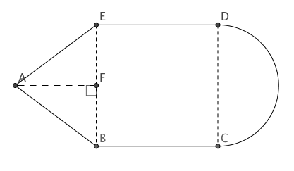 Den sammensatte figuren vi får oppgitt i oppgaven, med høyden i den likebeinte trekanten markert. Da får vi en rettviklet trekant.